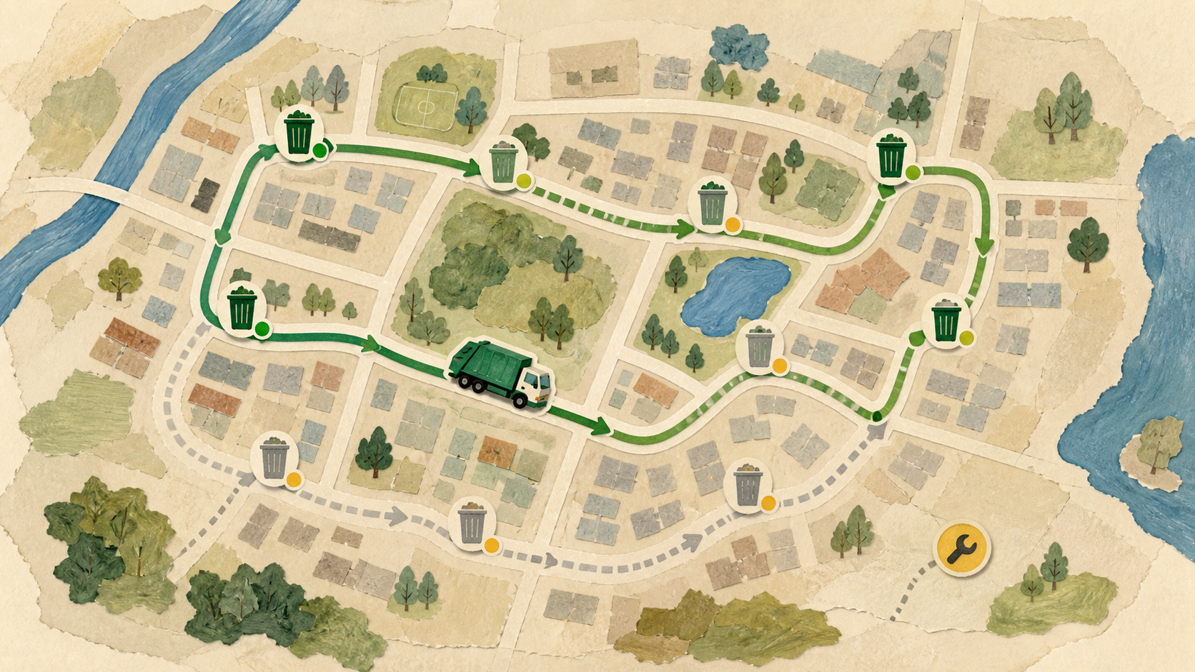 Illustrative Stadtkarte mit grüner Sammelroute, ausgelassenen Abfallbehältern und Wartungsmarker
