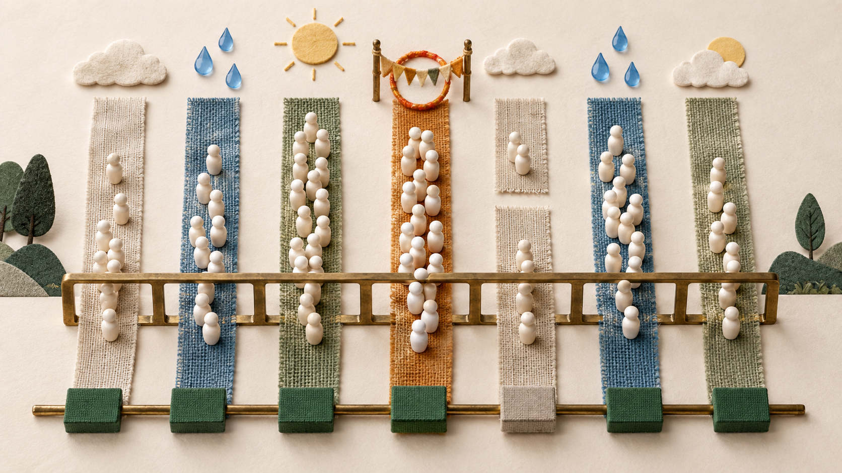 Textile Collage mit sieben Tagesbändern, keramischen Besuchersteinen, Wettermarkern, einer Messlücke und einem grünen Einsatzbaustein