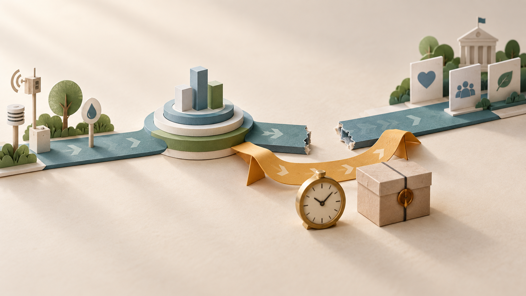 Papierdiorama eines unterbrochenen Sensordatenwegs mit vorbereitetem gelbem Umweg, Uhr und gesicherter Archivbox