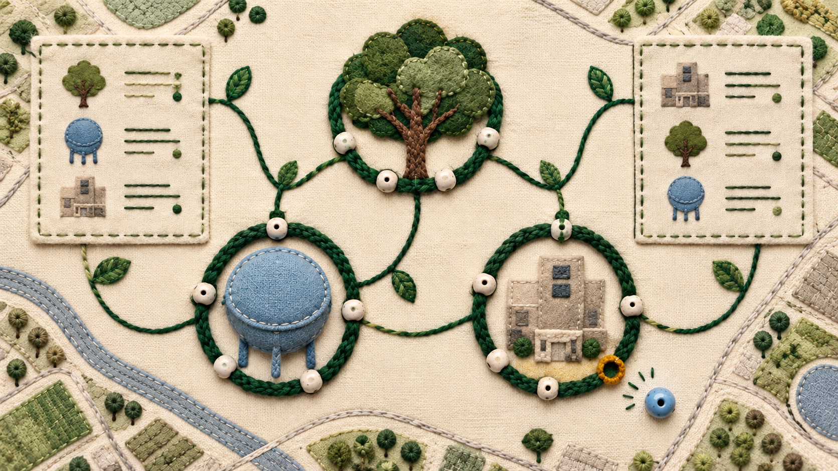 Textile Illustration: Baum, Tank und Gebäude in grünen Identitätsschlaufen, daneben eine blaue Sensorperle und eine freie gelbe Fassung.