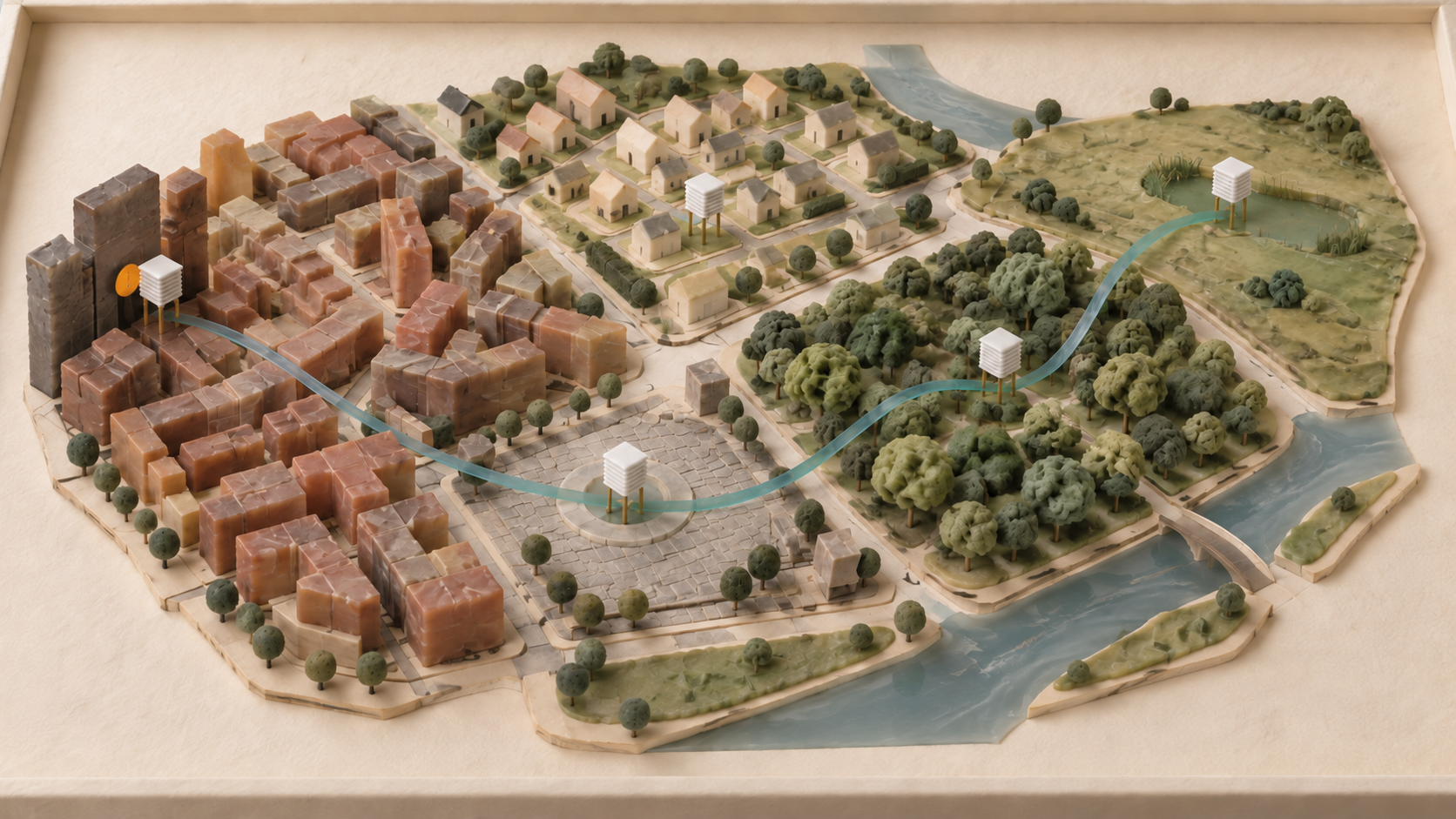 Fiktives Stadtmodell aus Wachs und Papier mit fünf Quartierstypen, weißen Messhütten, blauer Messroute und gelbem Warnpunkt an einer dunklen Wand.