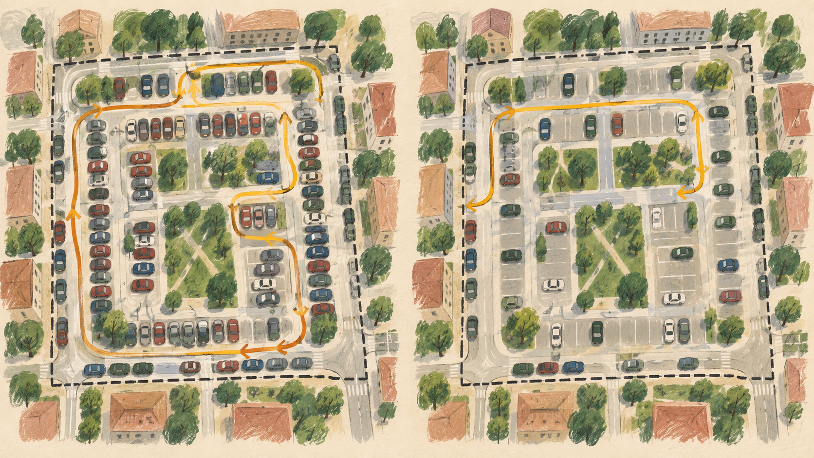 Gouache-Illustration zweier vergleichbarer fiktiver Parkzonen mit langer und verkürzter Suchroute