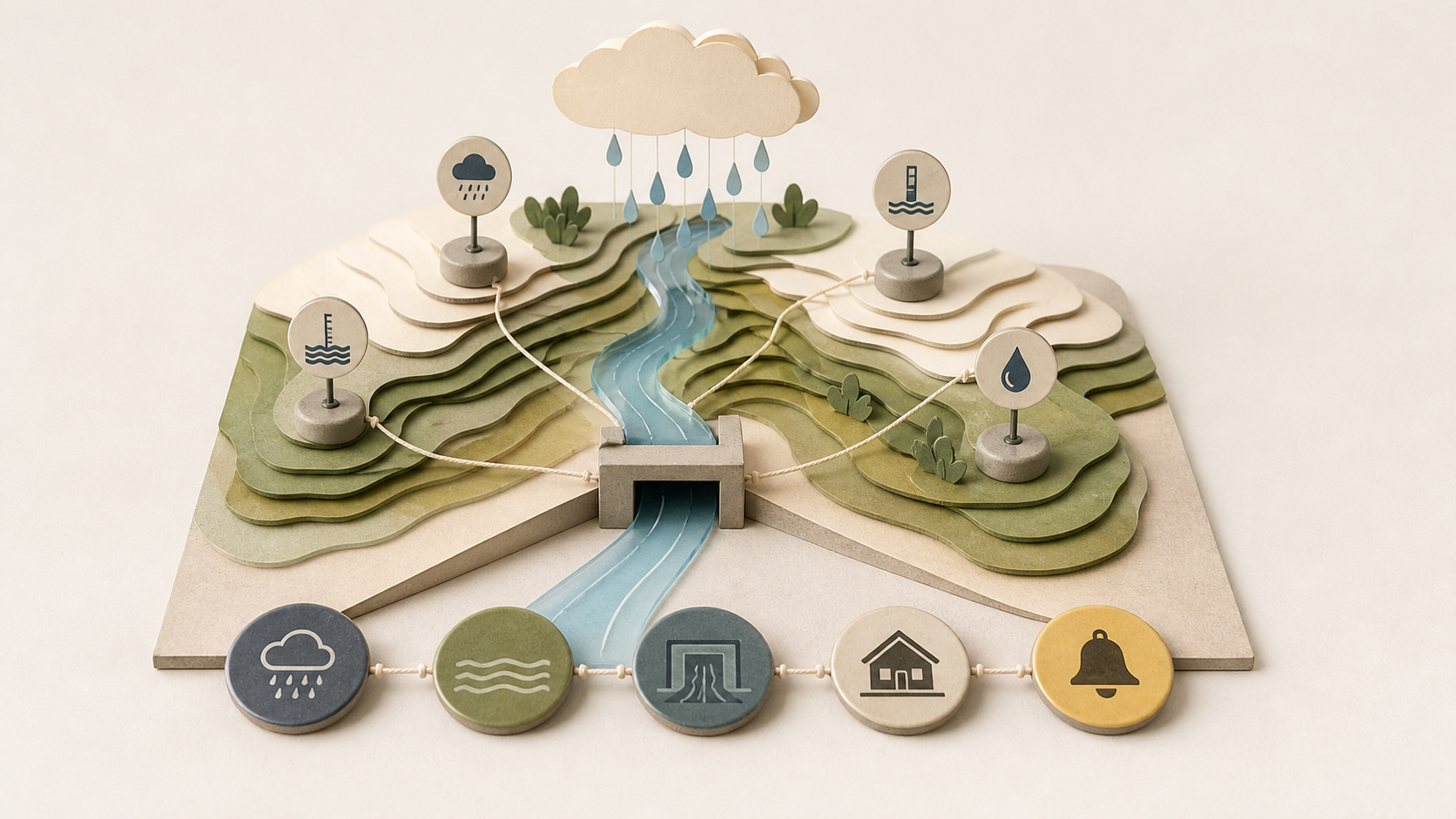 Papiermodell einer Landschaft mit Wasserlauf, Messpunkten und einer verbundenen Starkregen-Warnkette