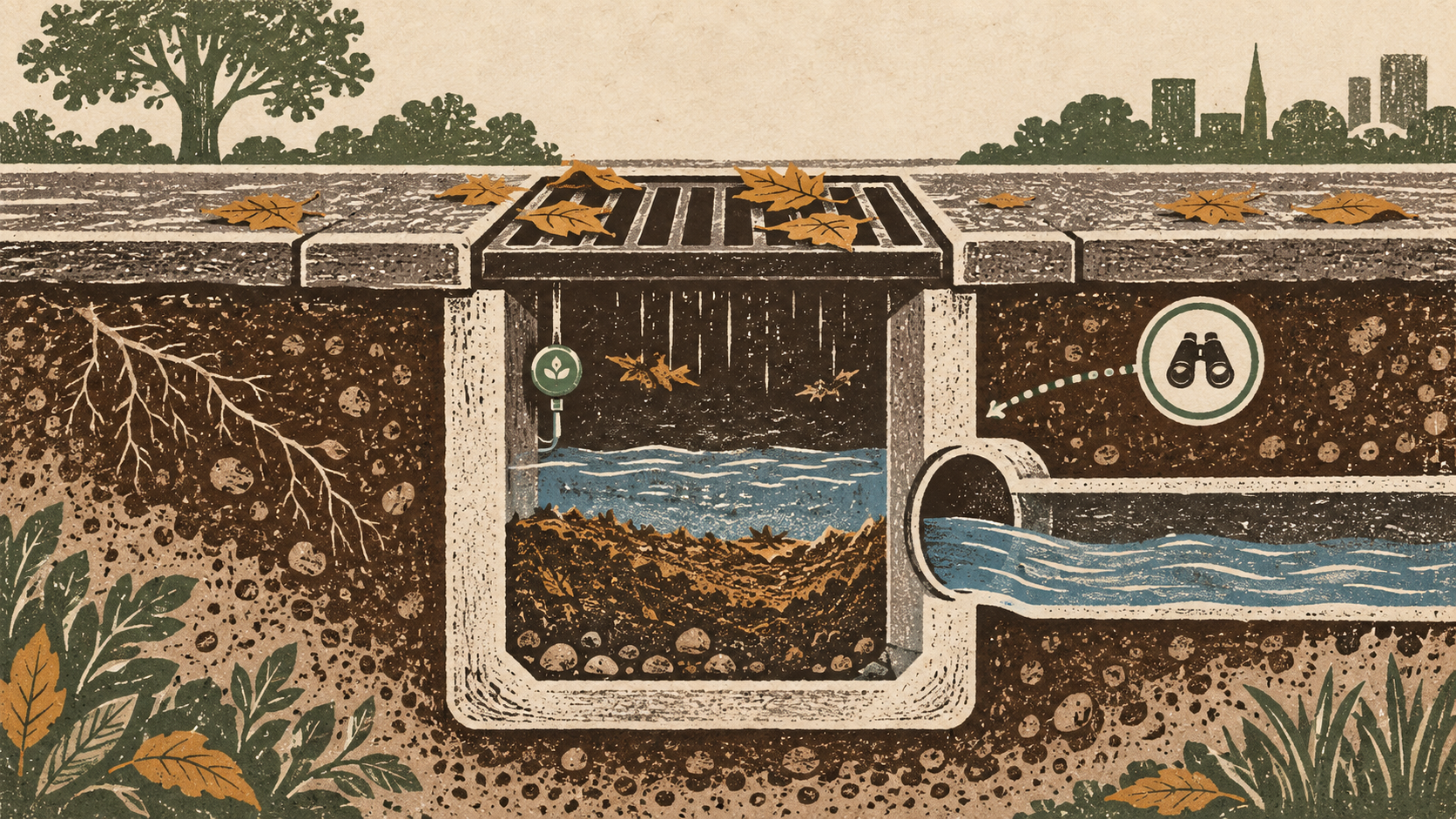 Linolschnittartige Illustration eines Straßenablaufs mit Laub am Gitter, Sediment und Wasser im Schacht sowie Sensor- und Kontrollsymbol.