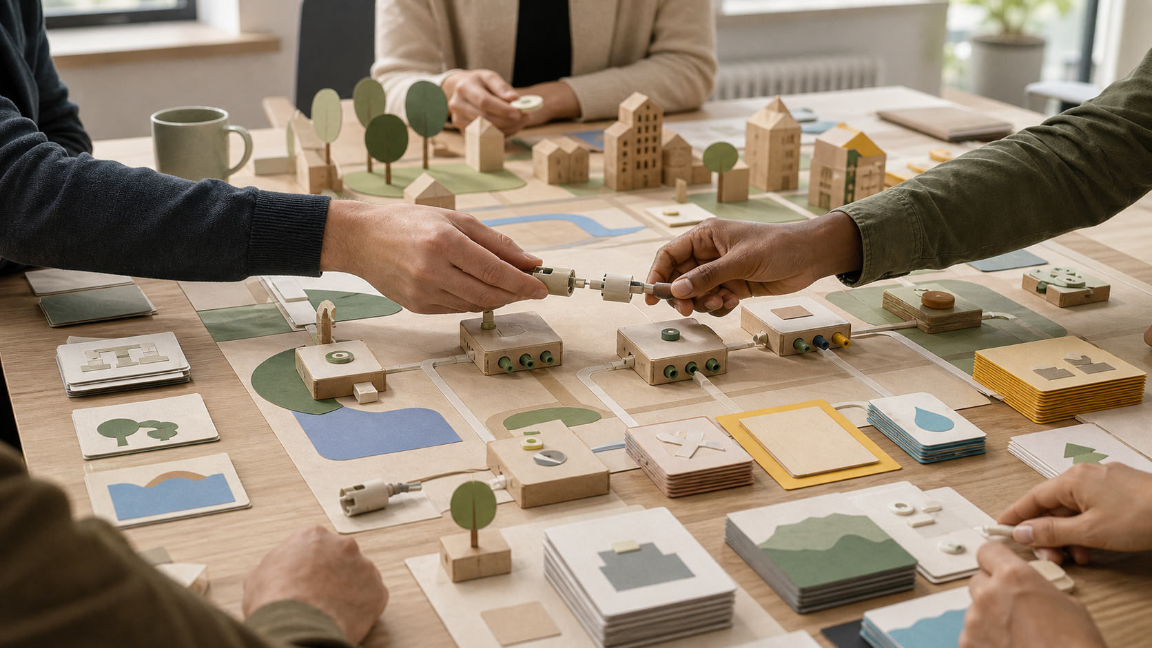 Municipal team connecting interchangeable wooden city-planning modules on a shared table
