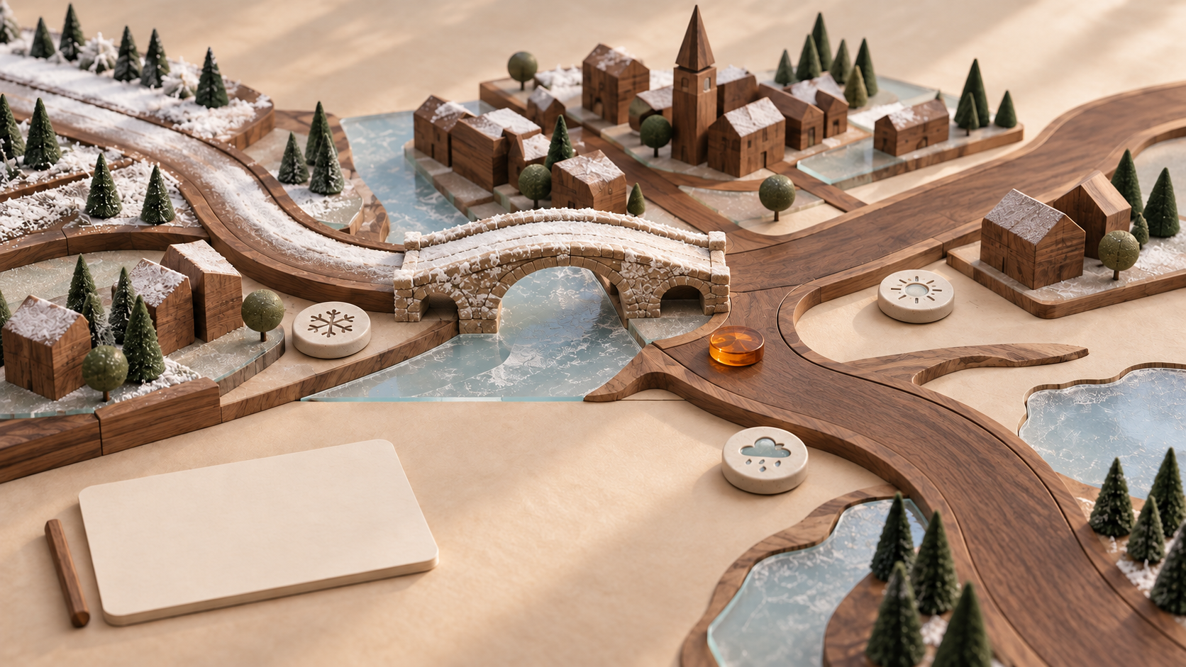 Konzeptionelles Holzrelief mit vereister Brücke, trockener und nasser Straßenroute sowie Wettermarkern auf hellem Studiotisch